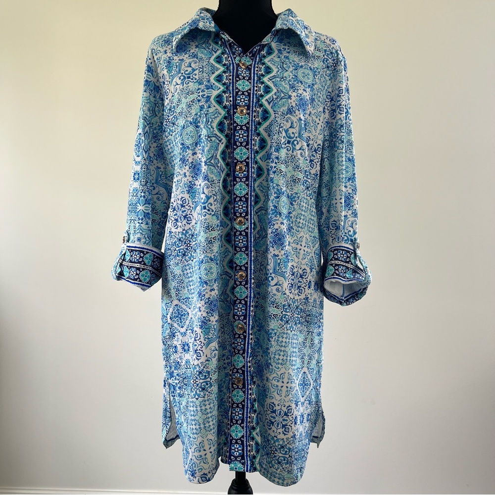 Aqua Et Sol Blue Mosaic Roll Tab Tunic Cover Up Dress UPF 50 Large